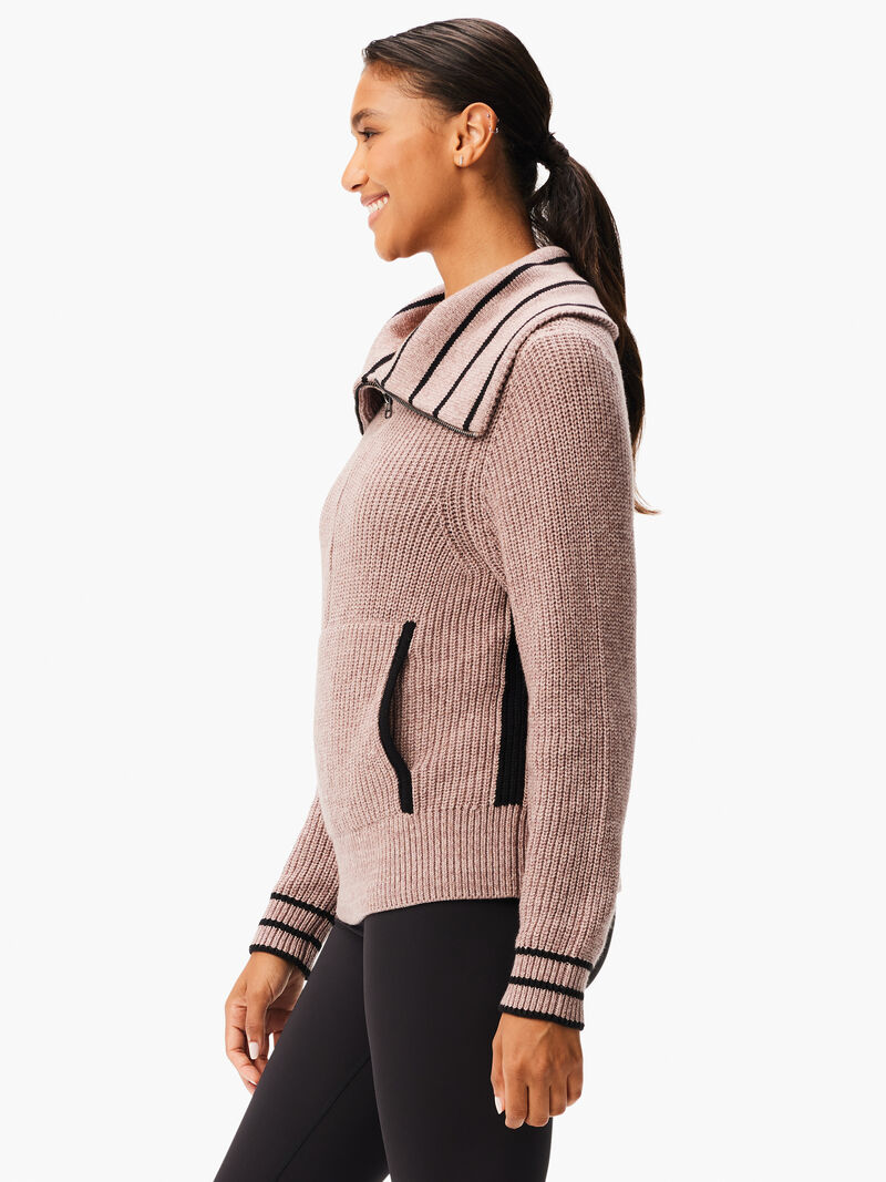 Woman Wears Stripe Detail Zip Front Sweater image number 1
