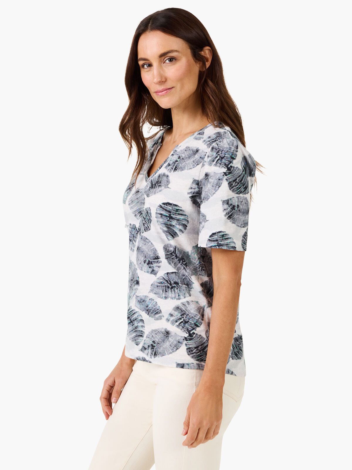 NZT Falling Palms Short Sleeve Split Neck Tee