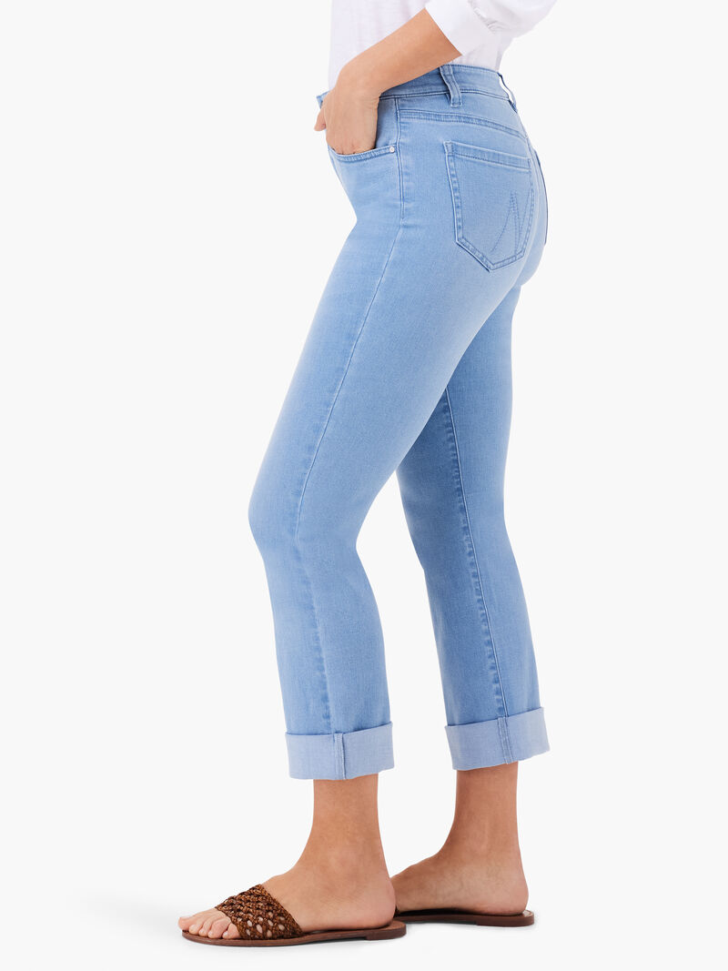 Woman Wears NZ Denim 24" Mid Rise Straight Roll Cuff Jeans image number 2