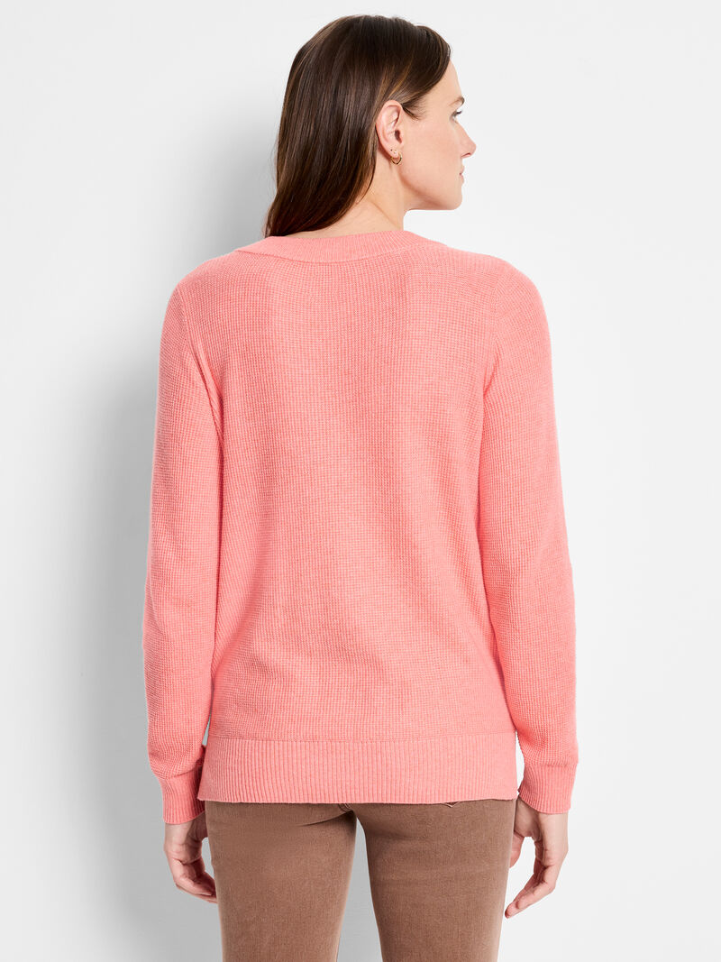 Woman Wears Waffle Stitch V-Neck Sweater image number 3