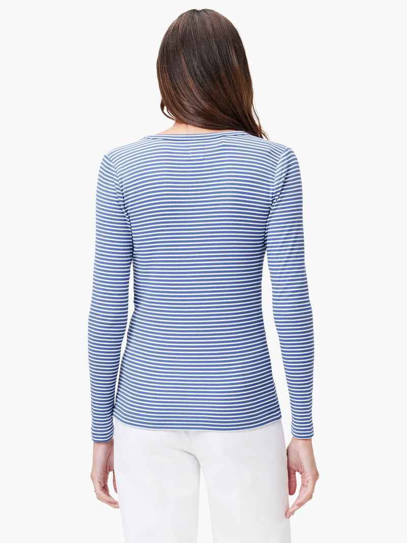 Woman Wears Striped Rib Knit V Neck Tee image number 2