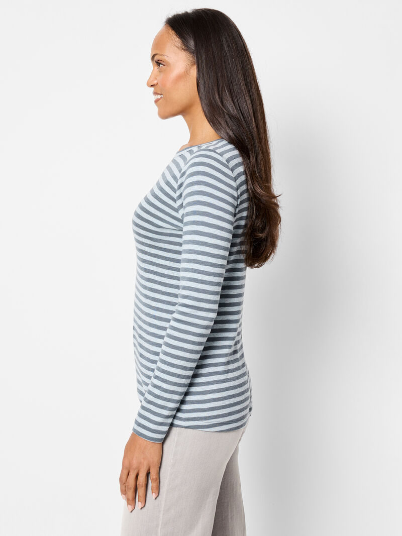 Woman Wears NZT Striped Bracelet Sleeve Boat Tee image number 1