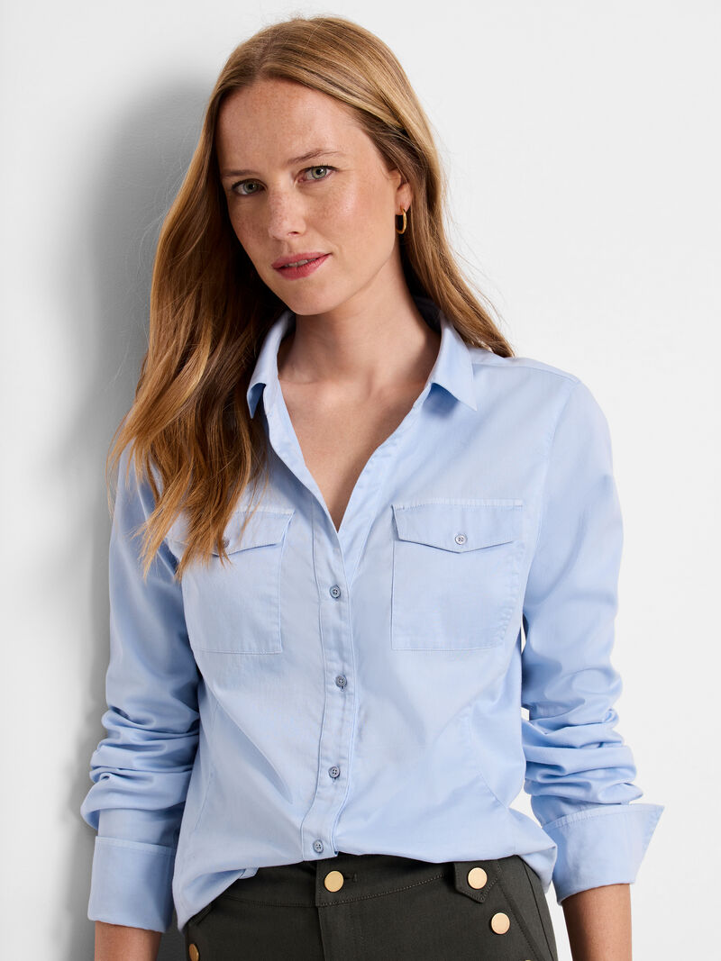 Woman Wears Mixed Media Pocket Shirt image number 0