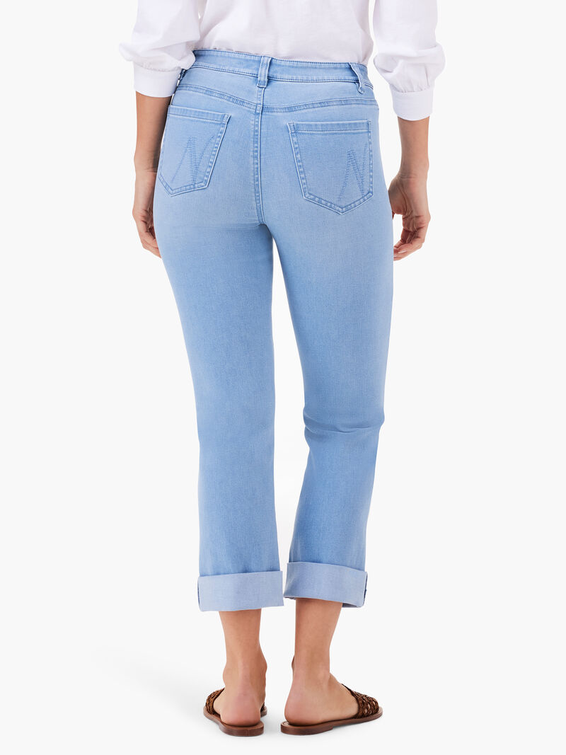 Woman Wears NZ Denim 24" Mid Rise Straight Roll Cuff Jeans image number 3