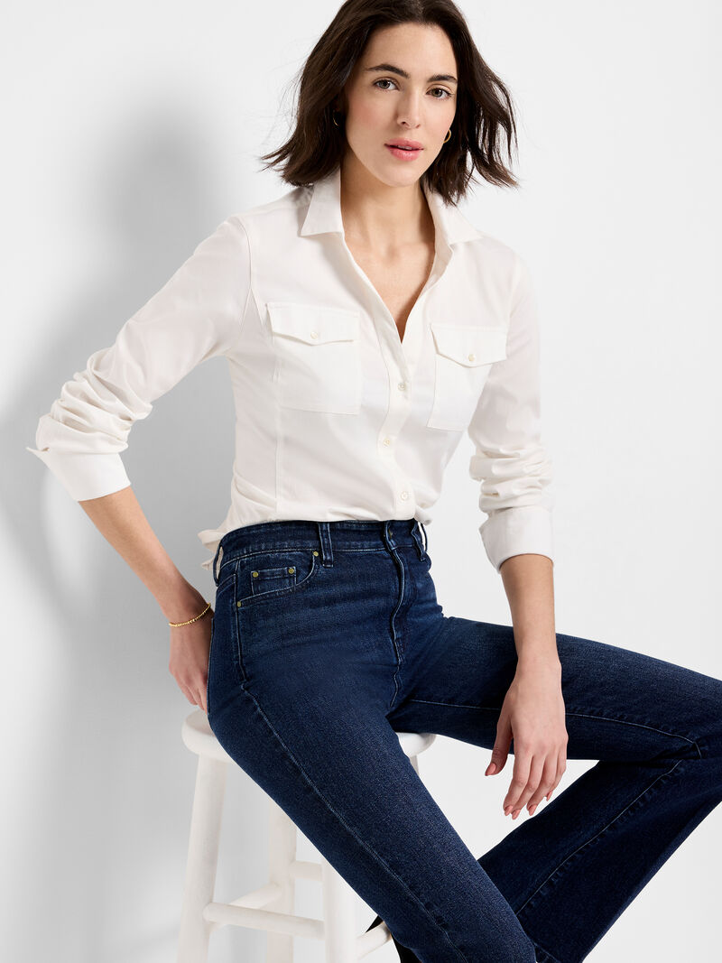 Woman Wears Mixed Media Pocket Shirt image number 0