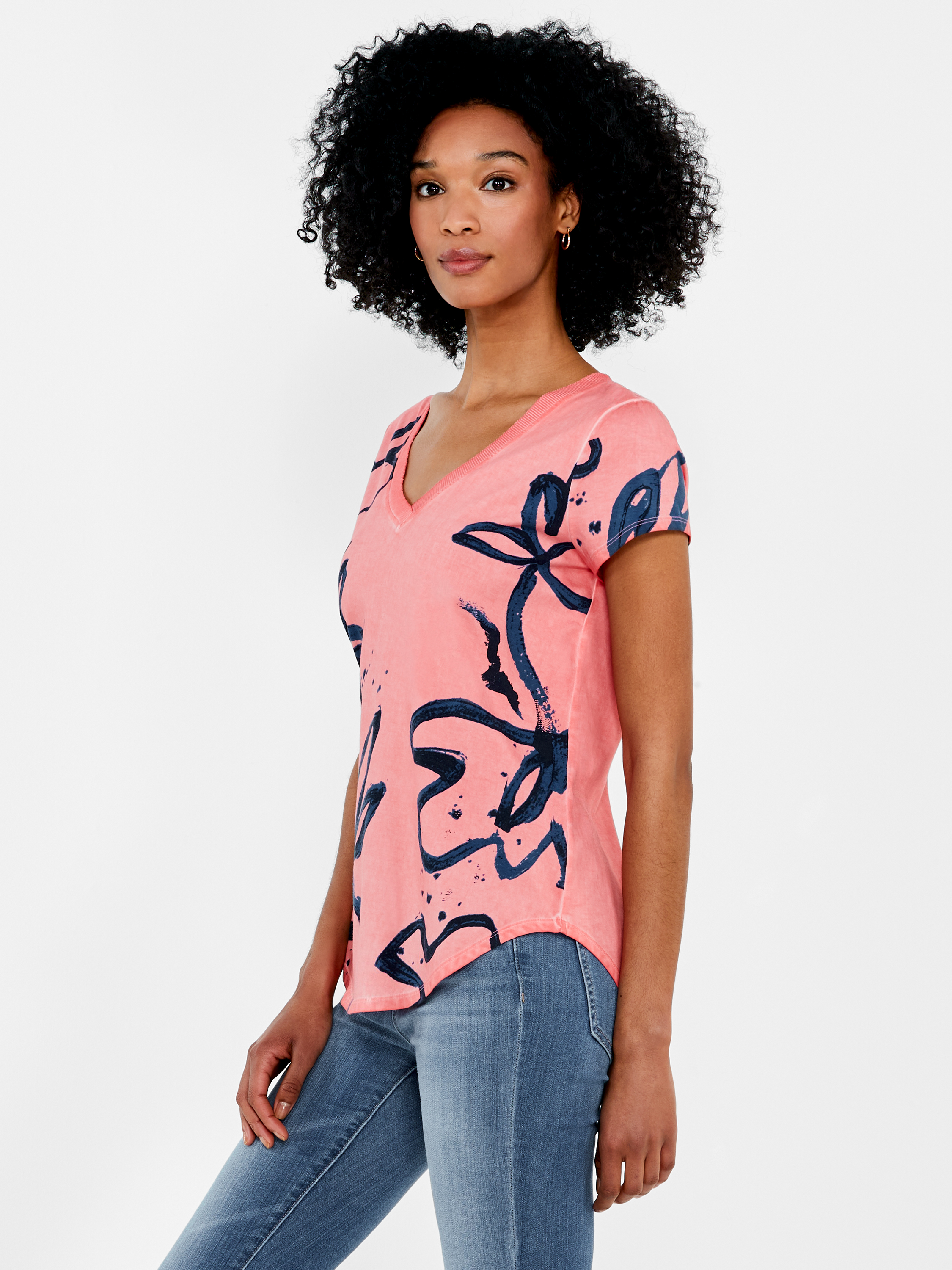 NZT Floral Short Sleeve Rib Trim V-Neck Tee