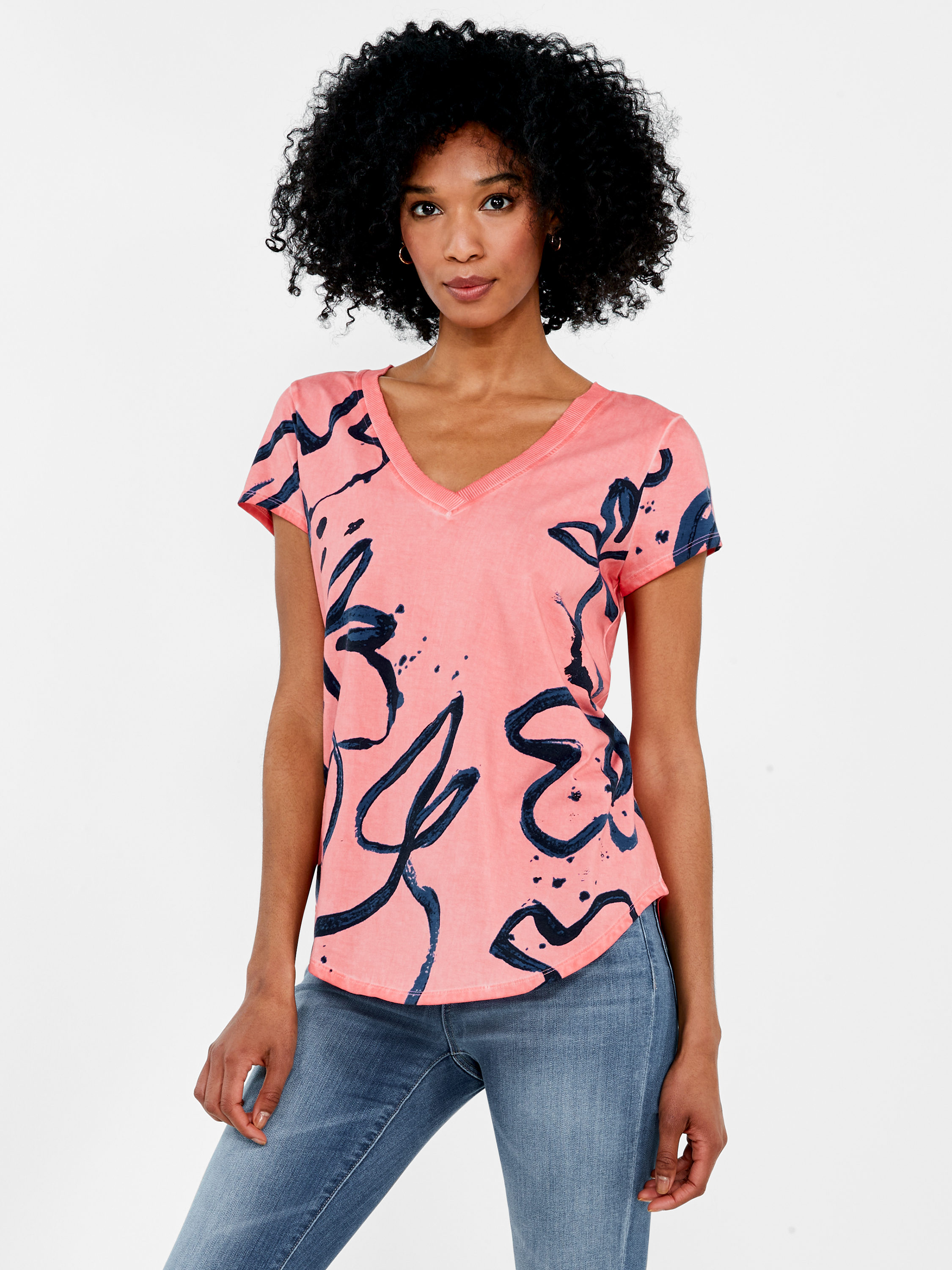 NZT Floral Short Sleeve Rib Trim V-Neck Tee