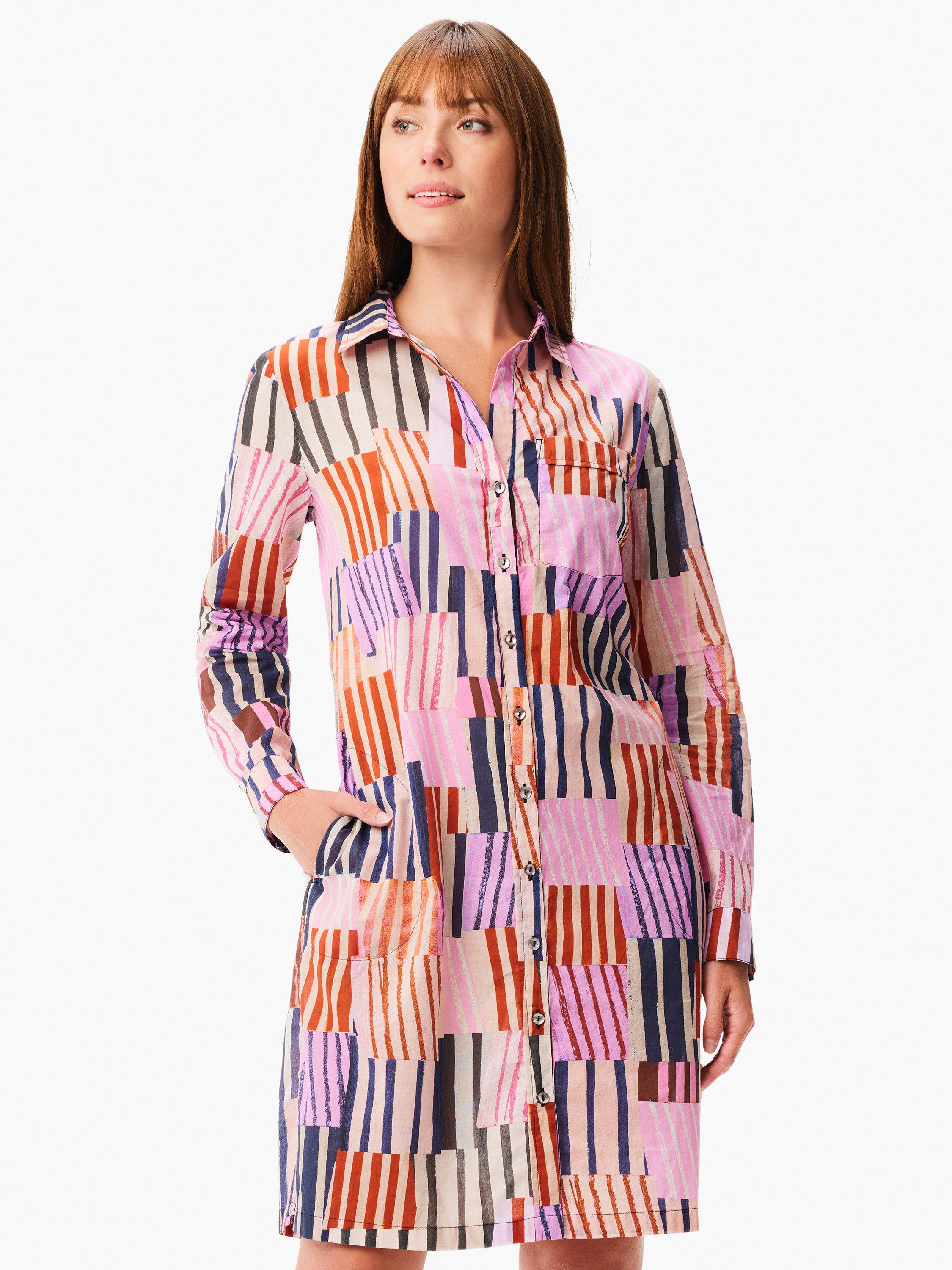NIC + ZOE Woven Neon Doodle Split V-Neck Long Sleeve Belted Button-Front  Midi Shirt Dress